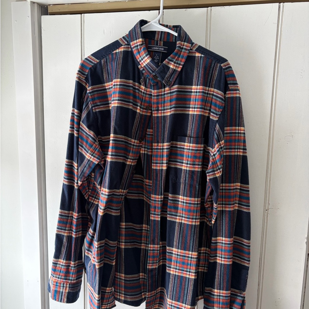 Lands' End Men's Navy and Orange Plaid Shirt
